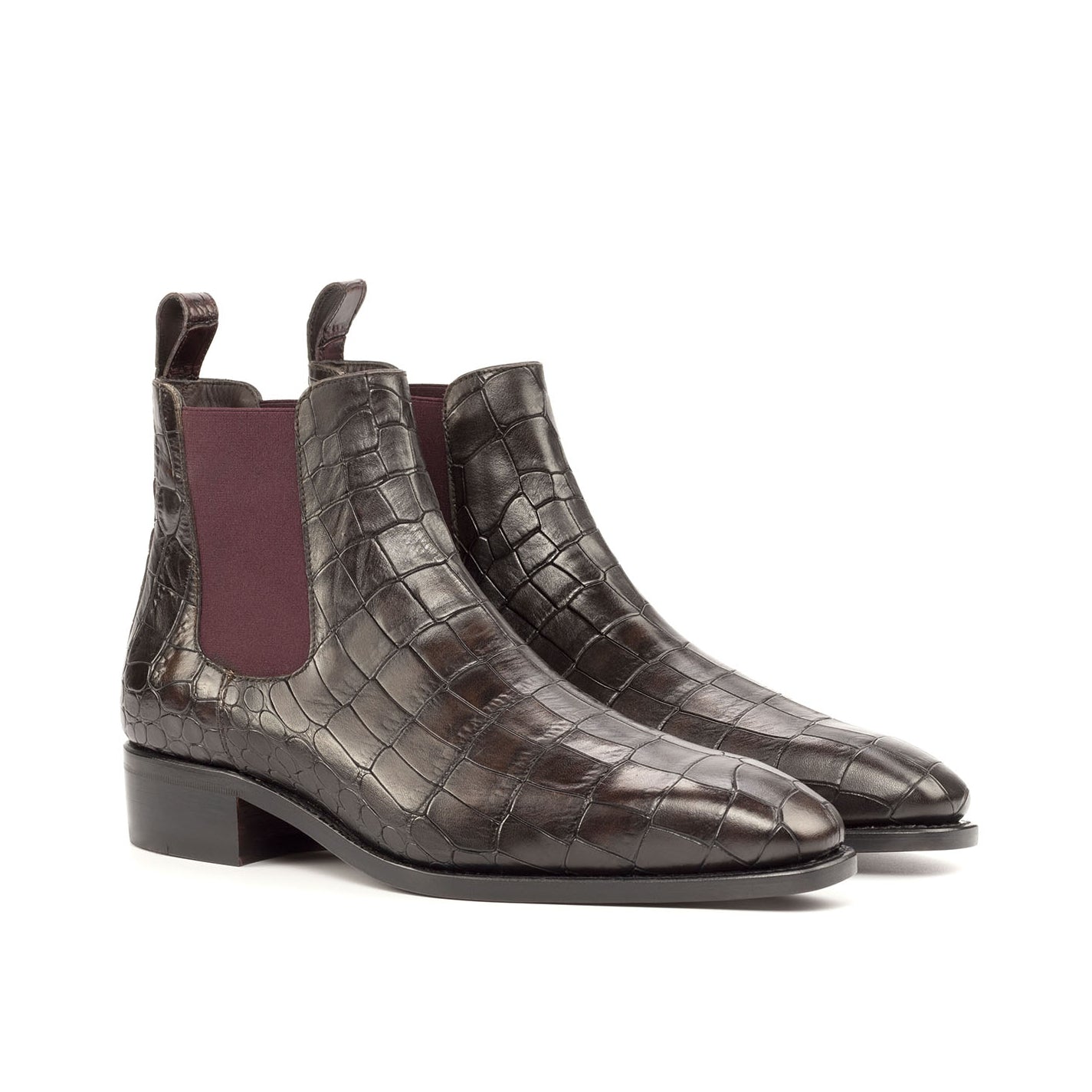 Ambrogio Men's Shoes Dark Brown & Burgundy Crocodile Print / Calf-Skin Leather Chelsea Boots (AMB2082)