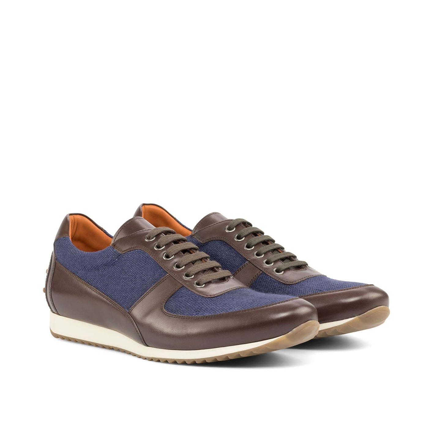 Ambrogio Men's Shoes Navy & Brown Linen / Calf-Skin Leather Corsini Sneakers (AMB2079)