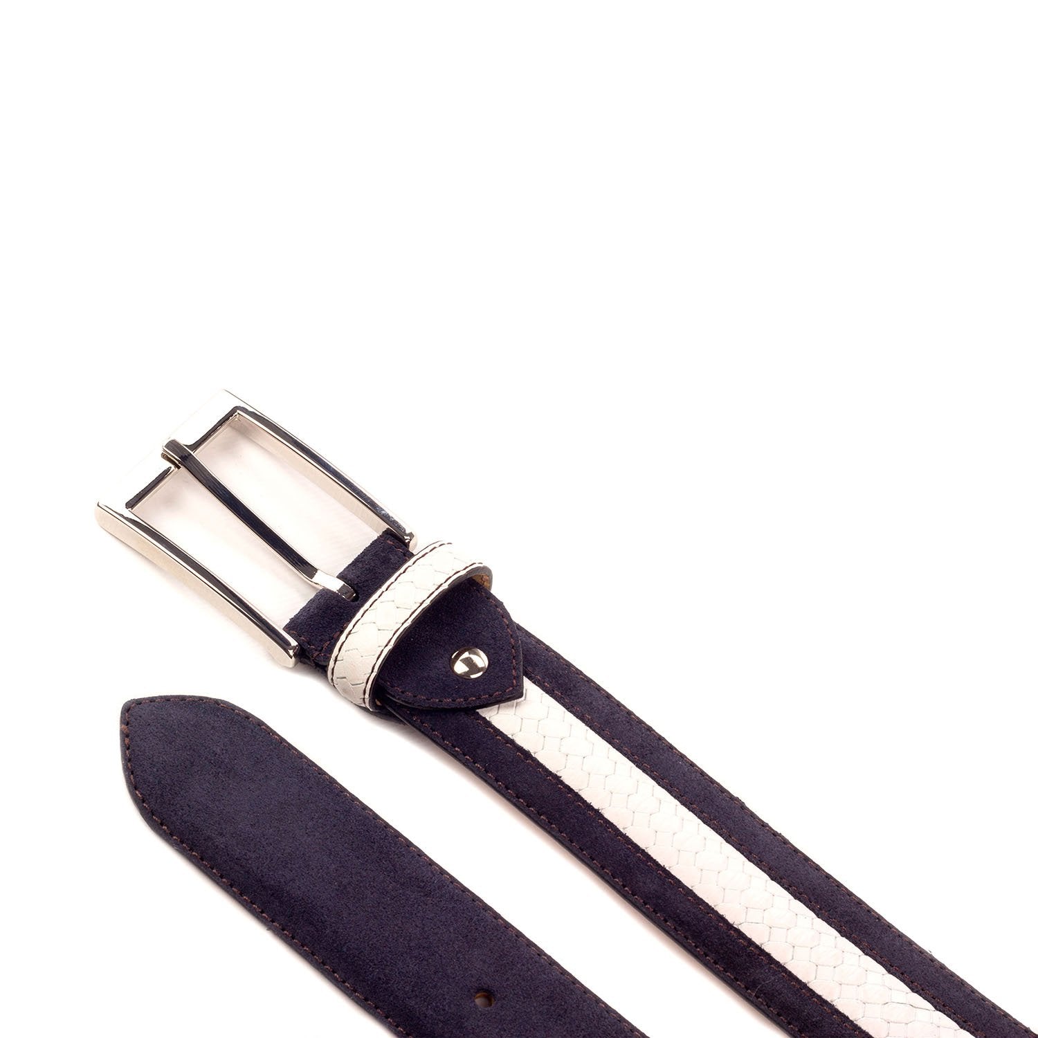 Ambrogio Navy & White Texture Print / Suede / Calf-Skin Leather Venice Men's Belt (AMBB1020)