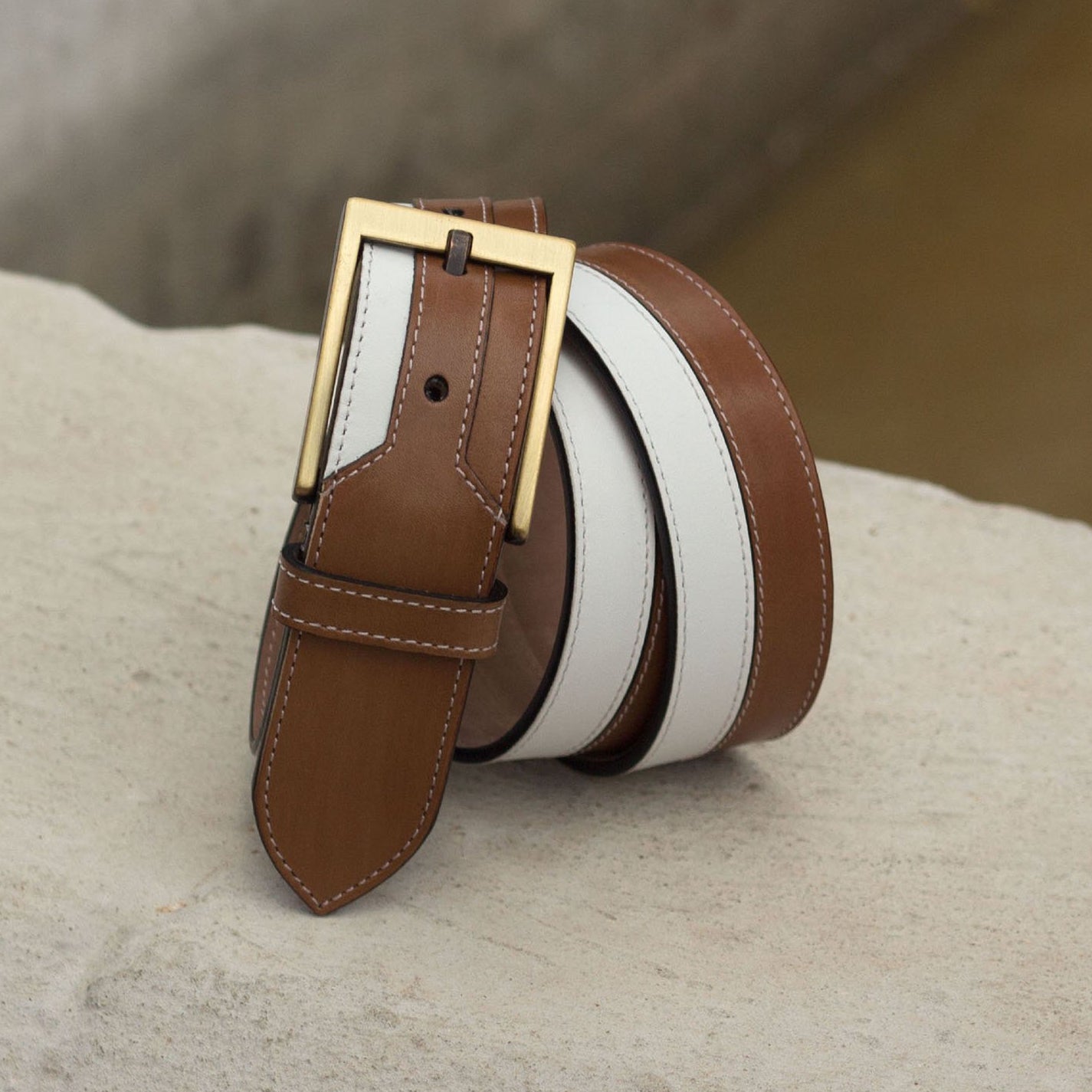 Ambrogio White & Brown Calf-SKin Leather Marseille Men's Belt (AMBB1025)