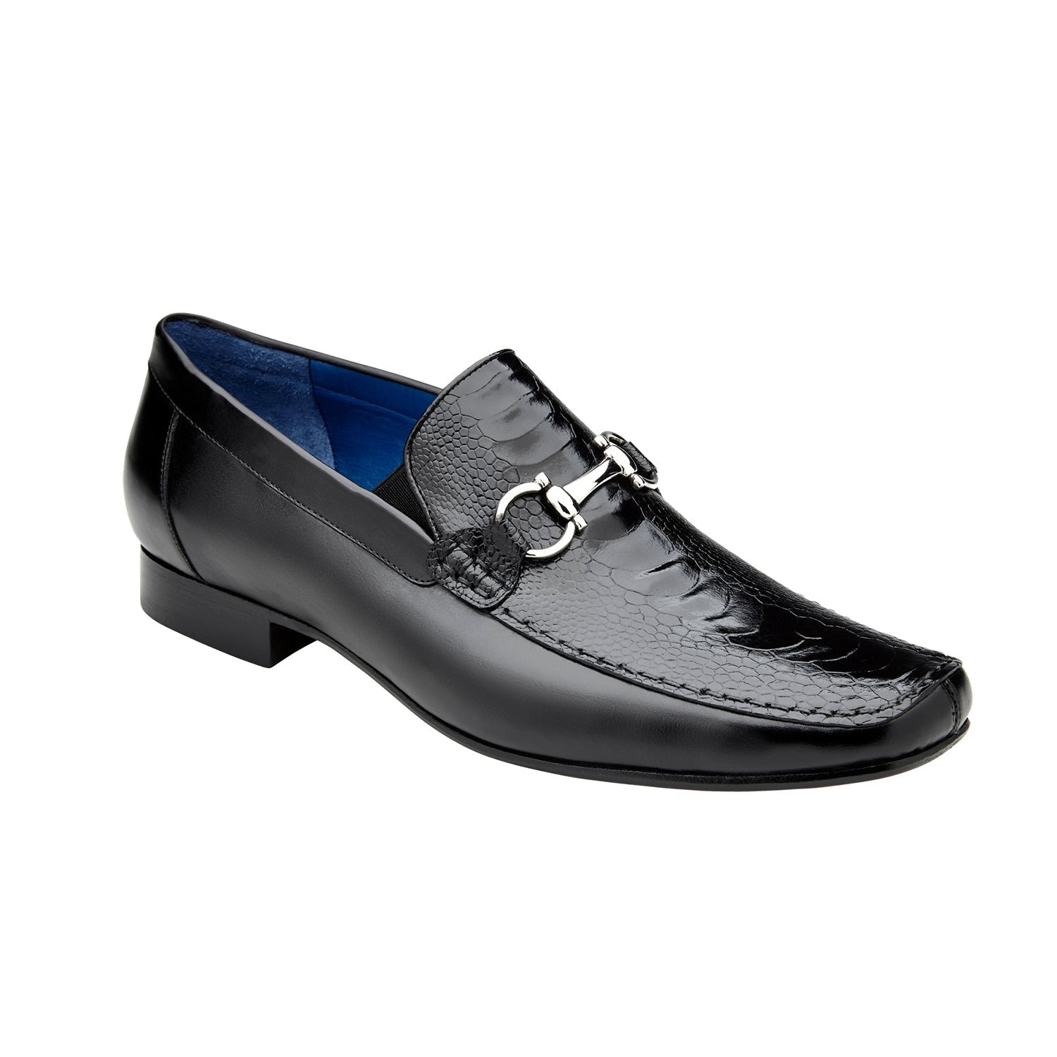 Belvedere Bruno 1026 Men's Shoes Black Exotic Ostrich / Calf-Skin Leather Horsebit Split-Toe Loafers (BV3072)