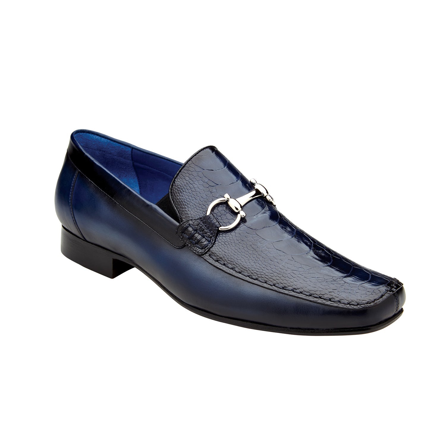 Belvedere Bruno 1026 Men's Shoes Navy Exotic Ostrich / Calf-Skin Leather Horsebit Split-Toe Loafers (BV3074)