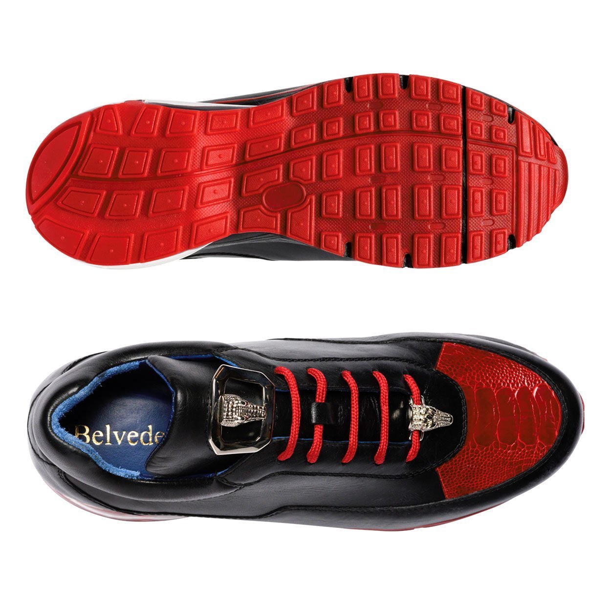 Belvedere E01 Flash Men's Shoes Black & Red Exotic Ostrich / Calf-Skin Leather Casual Sneakers (BV2966)