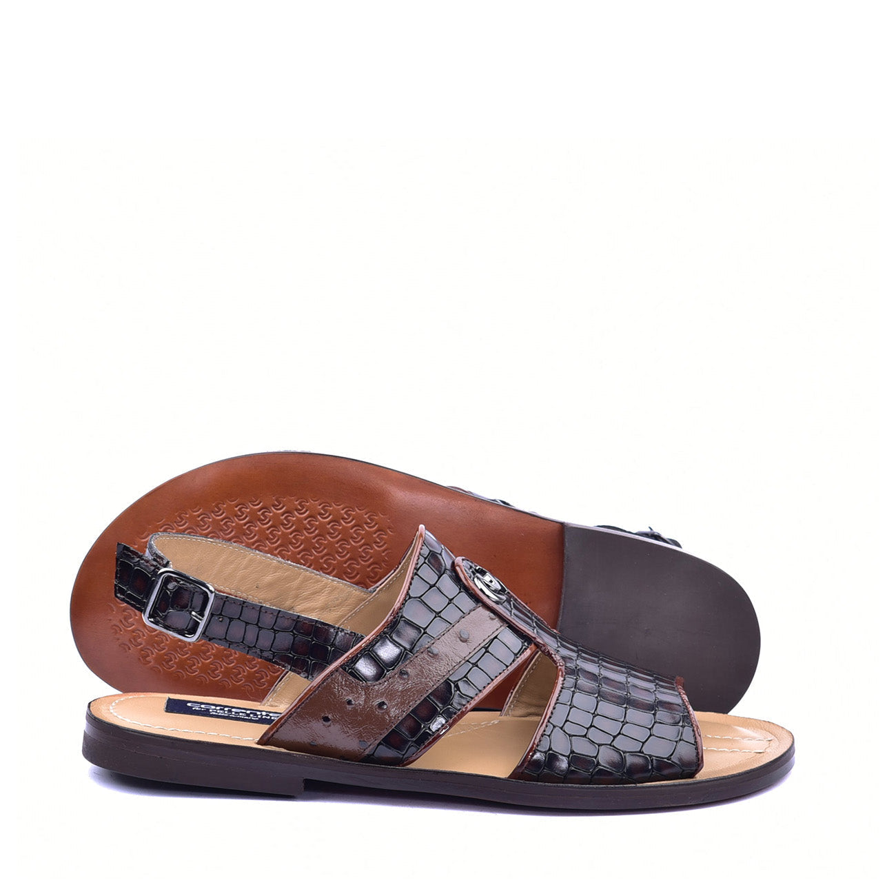 Corrente C0075 5829S Men's Shoes Brown Embossed Leather and Ostrich Sandals (CRT1362)