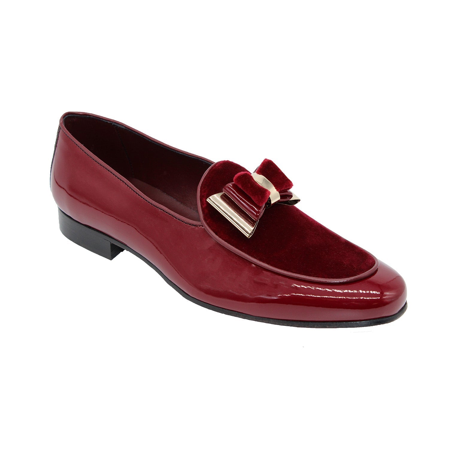 Duca Scala Men's Shoes Burgundy/Gold Patent Leather/Velvet Formal Loafers (D1069)