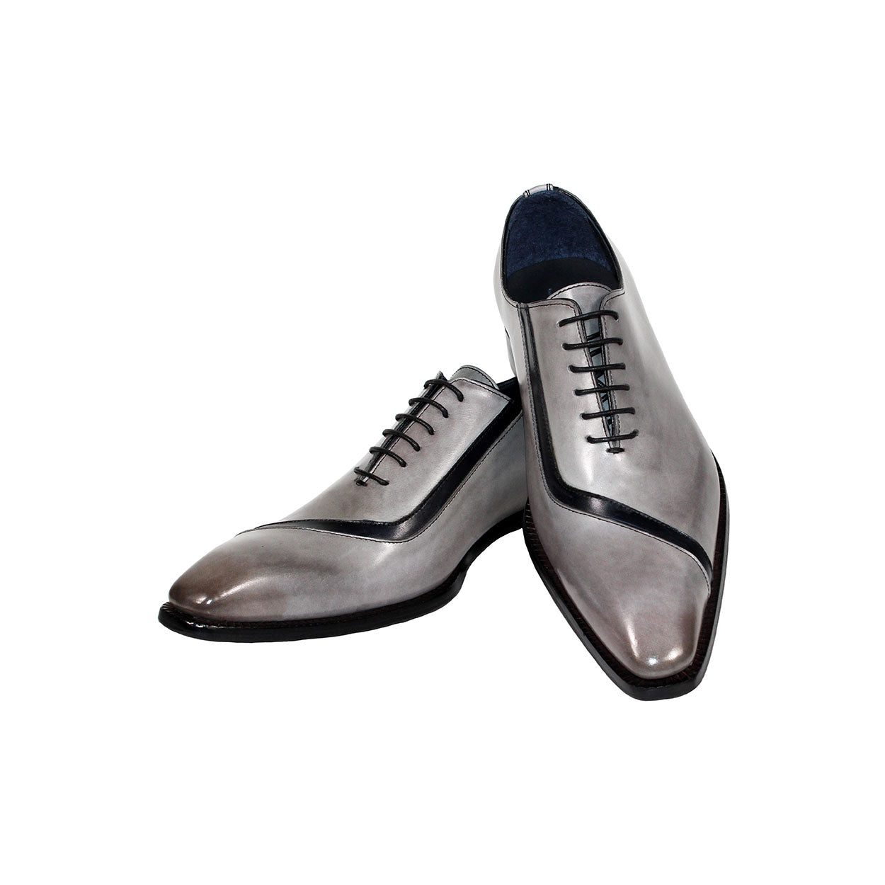 Duca Torre Men's Shoes Light Grey/Black Calf-Skin Leather Oxfords (D1116)