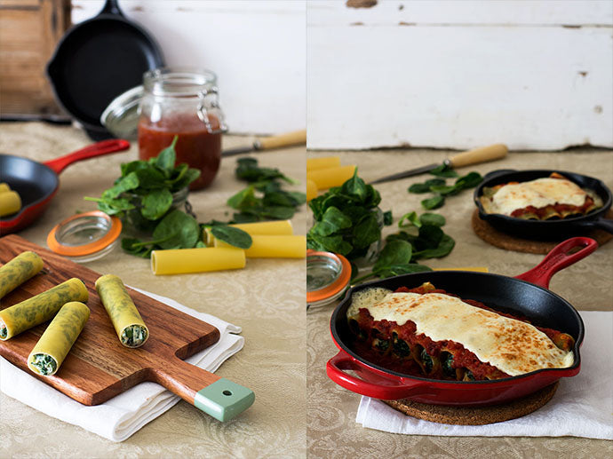 spinach cannelloni in skillet