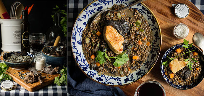 recipe for green lentils with mushrooms in a cocotte