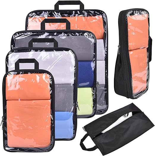 70D Ultralight Compression Packing Cubes Packing Organizer with Shoe Bag  for Travel Accessories Luggage Suitcase Backpack（6Set） - Green Flower