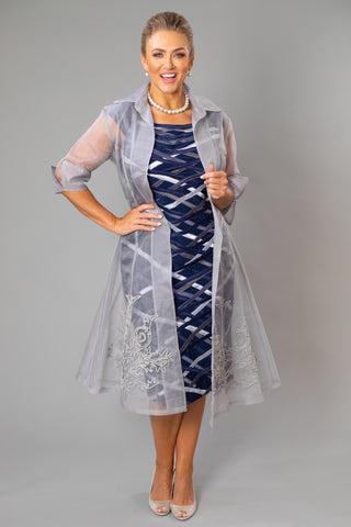 Midnight Blue + Silver Ribbon Dress + Organza Coat 