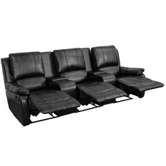 Allure Series 3-Seat Reclining Pillow Back Black Leather Theater Seating Unit with Cup Holders