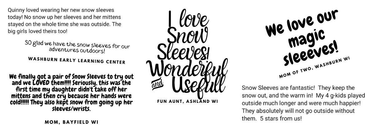 Reviews from the community raving about how Snow Sleeves Wrist Gaiters are wonderful, useful, and fun!