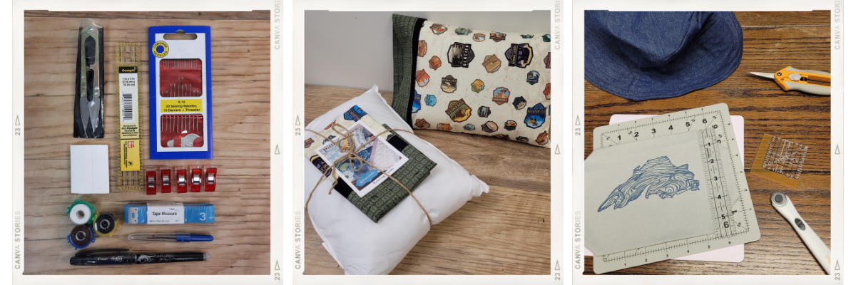 Three images: AdventureUs Sewing Kit, National Parks Fabric Pillow Kit, and Lake Superior Sew on Patch