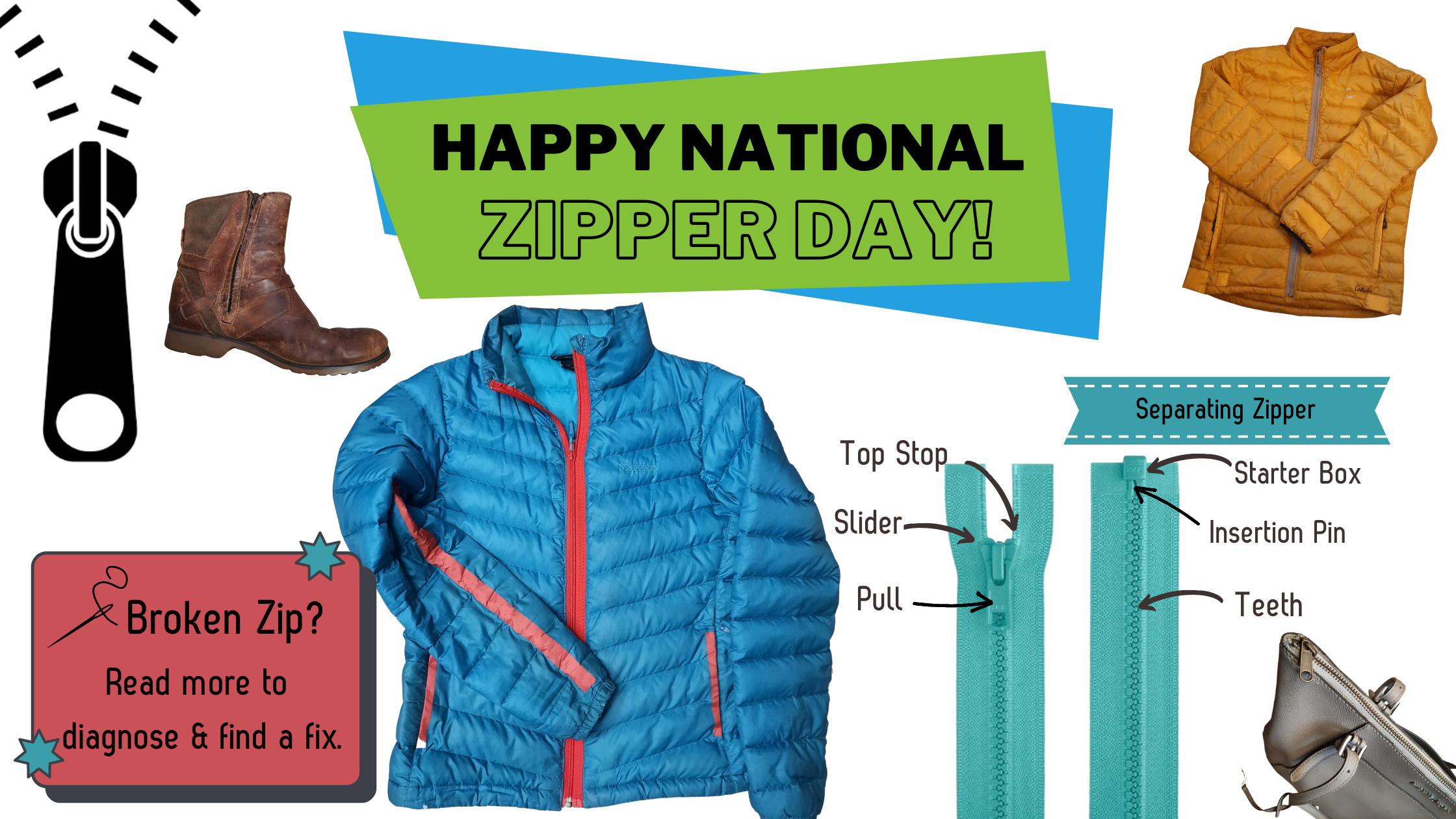 National Zipper Day commemorates the date when Gideon Sundback patented the zipper on April 29, 1913. Read more from AdventureUs and in-house sewing studio Rip and Stitch Sew Co that specializes in Garment Restoration and Zipper Repair.