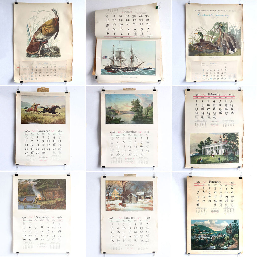 Nine Vintage American Travelers Insurance Currier & Ives Wall Calendars