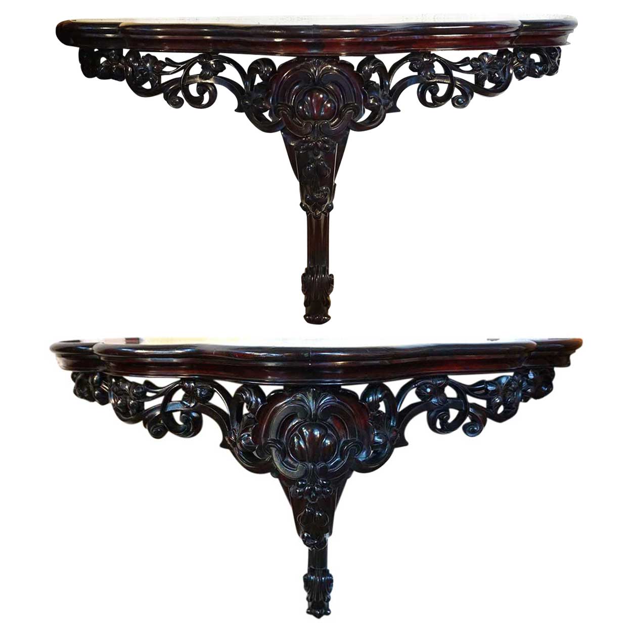 Pair of Anglo Indian Mahogany and Mirrored Top Wall Bracket Consoles