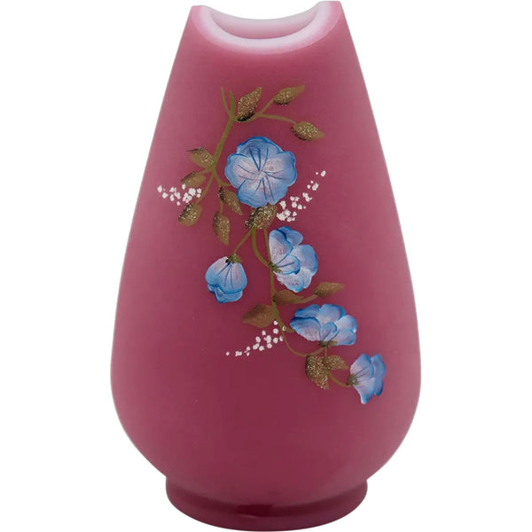 Signed English Cased Pink Satin Glass Enamelled Floral Cabinet Vase