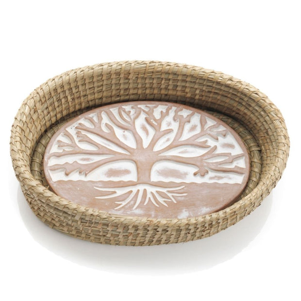 Dove Theme Handwoven Palm Basket with Ceramic Bread Warmer