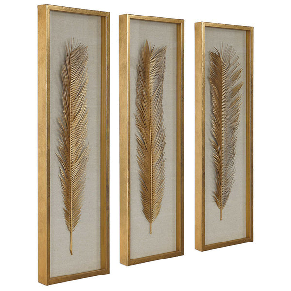 Golden Palm Leaves Shadow Box Wall Art – Set of 3 - Scenario Home
