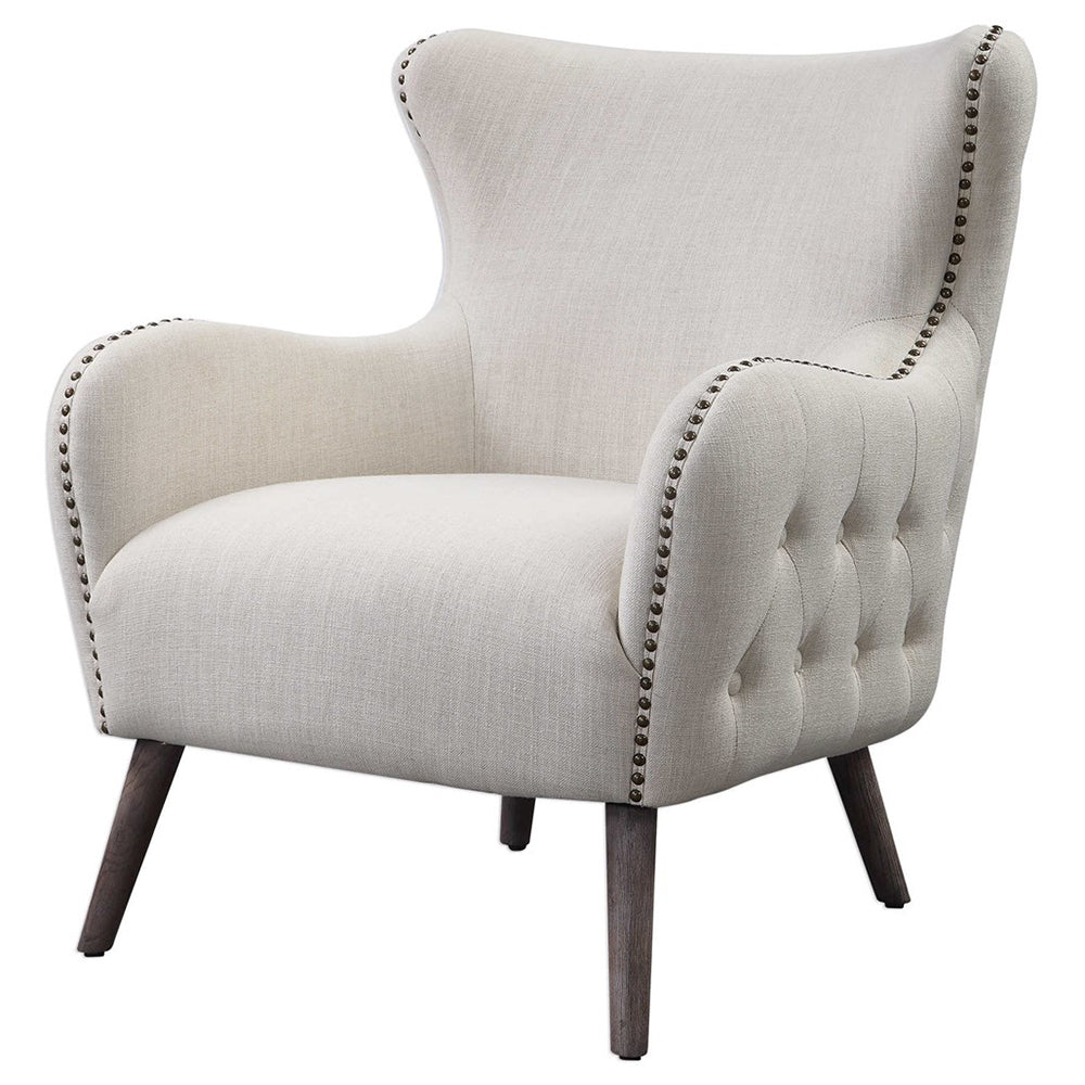 Tufted Linen Wingback Chair With Nailhead Trim Cream Scenario Home