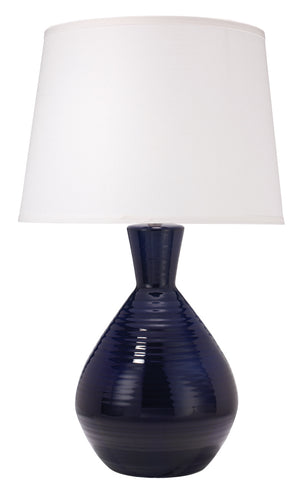 Ash Table Lamp in Navy Ceramic with Large Cone Shade in White Linen