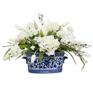 White Silk Florals in Chinoiserie Pot