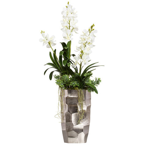 Large White Silk Vanda Orchid in Modern Silver Vase - Scenario Home
