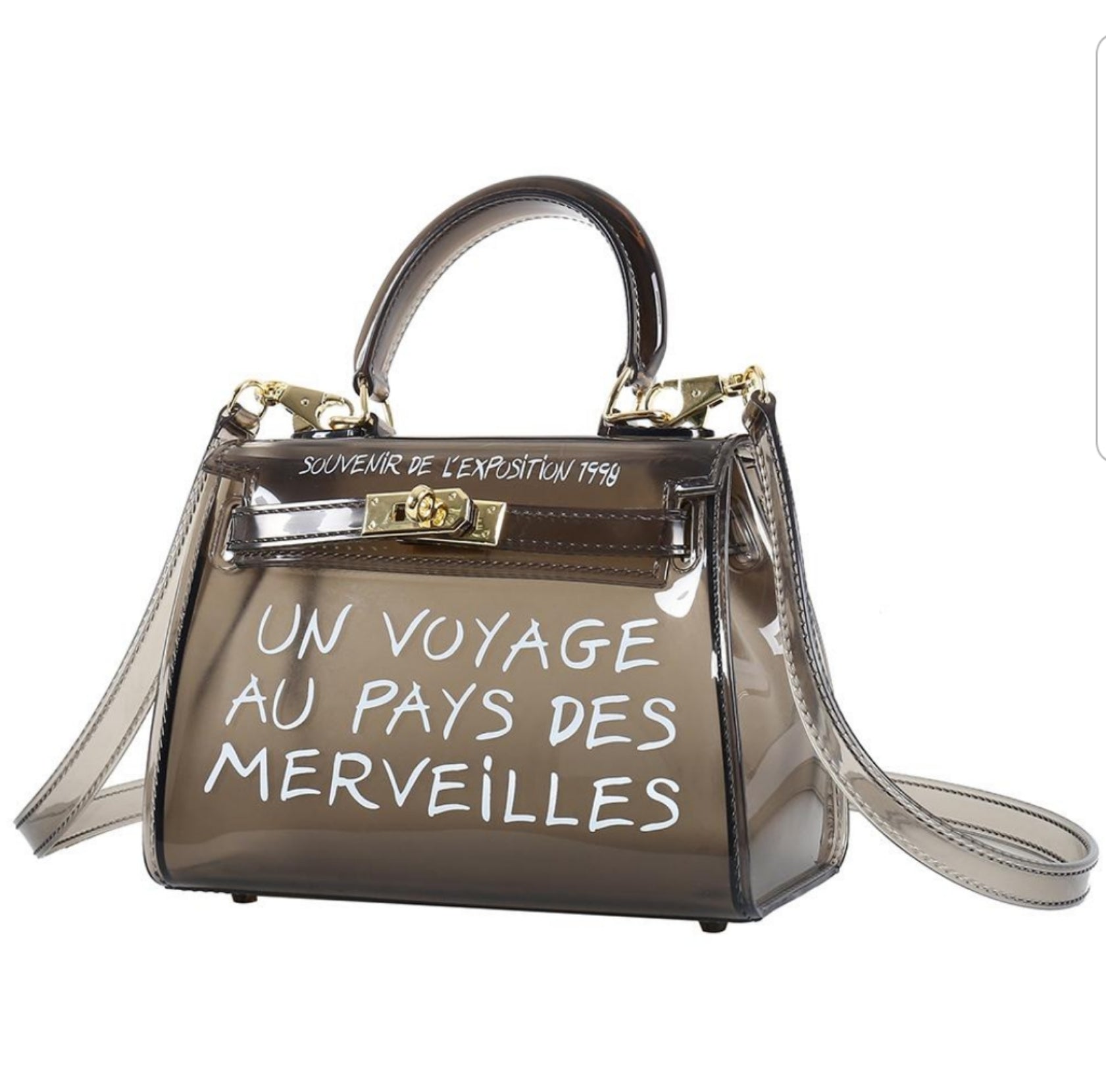 clear handbag with writing