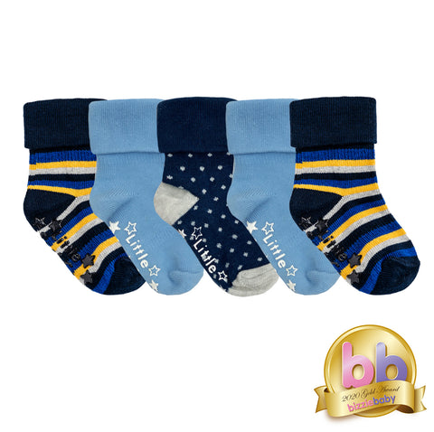 Non-Slip Stay on Baby and Toddler Socks - 5 Pack in Blue Mix