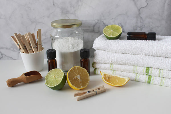 towels, lemon and other cleaning materials