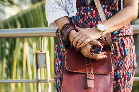 Lady with leather crossbody bag