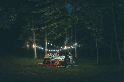 people enjoying dinner in a backyard under string lights