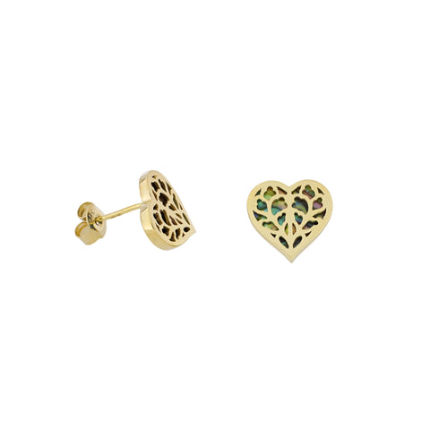Abalone and 9 carat yellow gold heart stud earrings