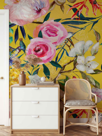 Floral patterned yellow wallpaper