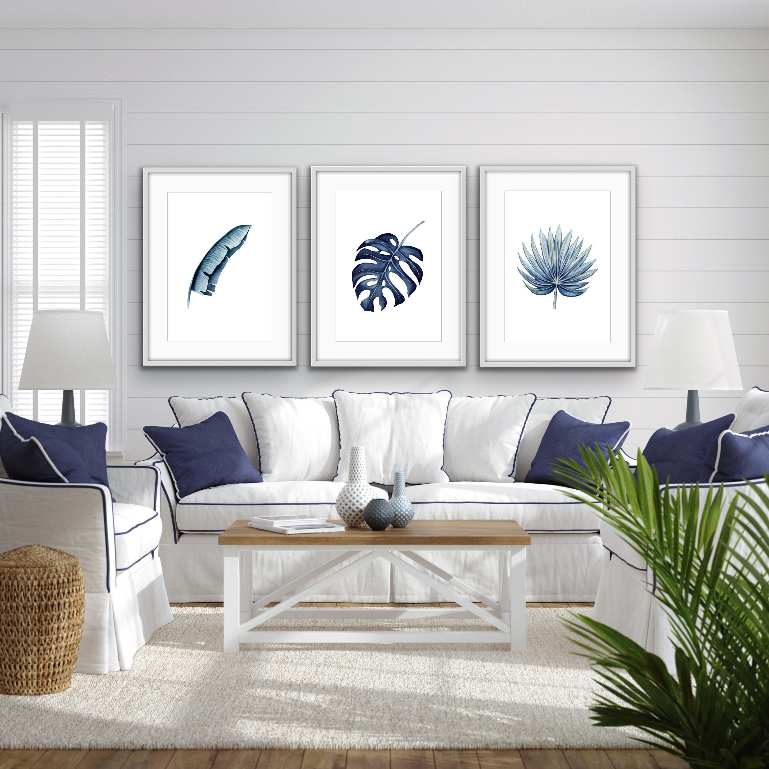 Hamptons Blue Monstera   Three Piece Watercolour Hamptons Blue Print Set I Heart Wall Art Australia  1620781836 ?v=1620781928