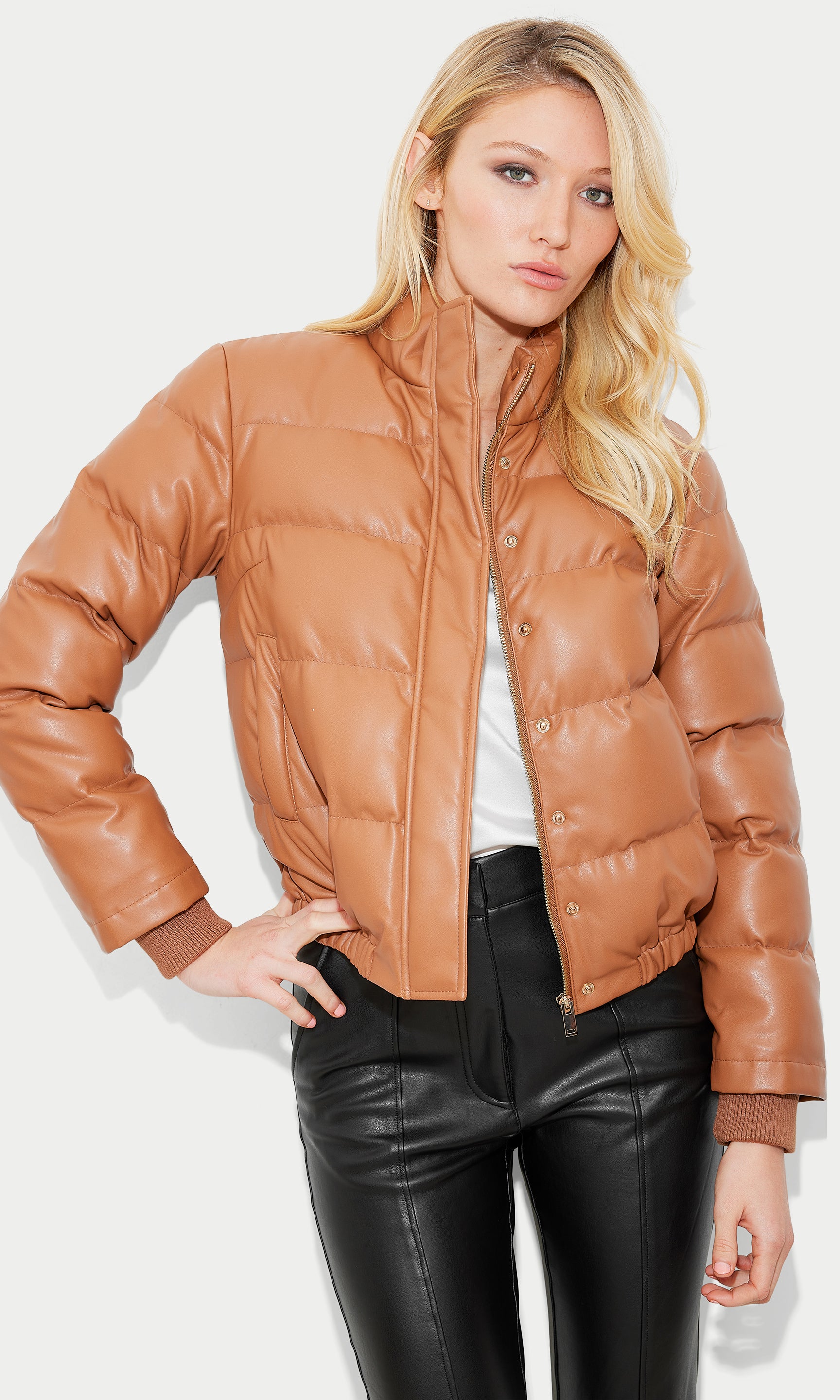 cognac leather puffy coat — bows & sequins