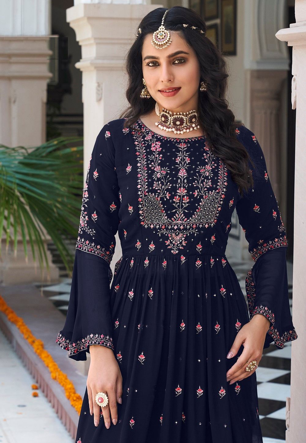 Blue Georgette embroidered one Piece outfit