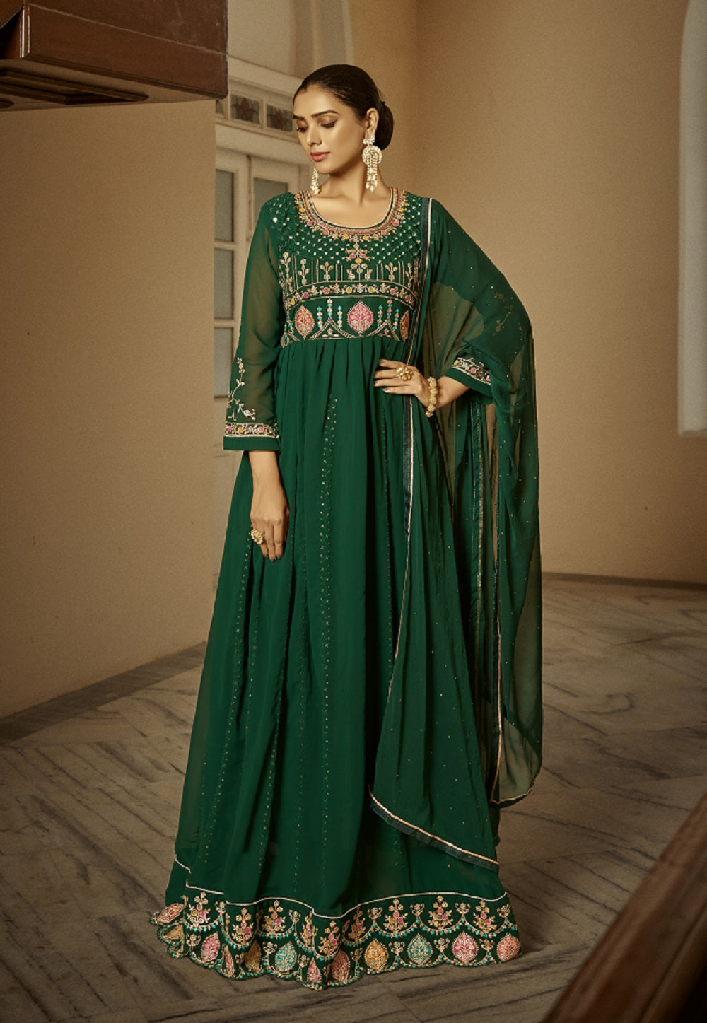 Georgette Embroidered Abaya Style Suit in Dark Green – Common Kiwi