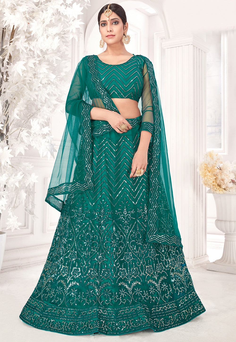 Dark Green Net Lehenga Choli (NWG-1192)