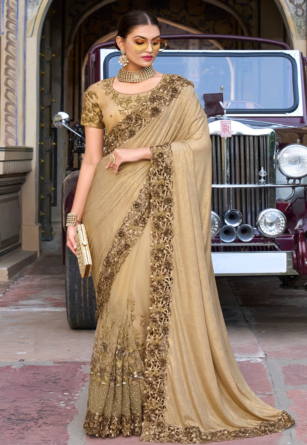 Beige Color Shimmer Silk Embroidery Designer Party Wear Saree