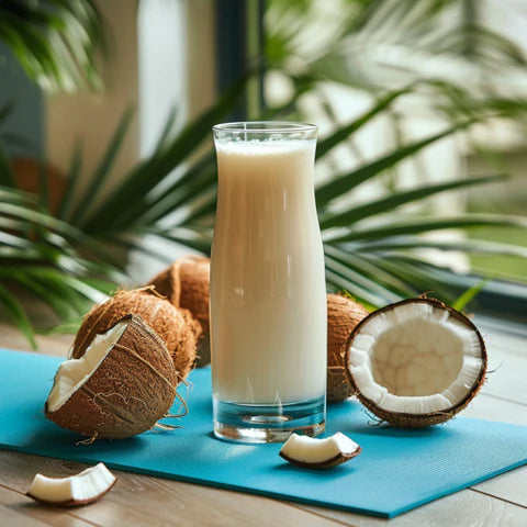 Coconut water next to yoga mat for hot yoga hydration
