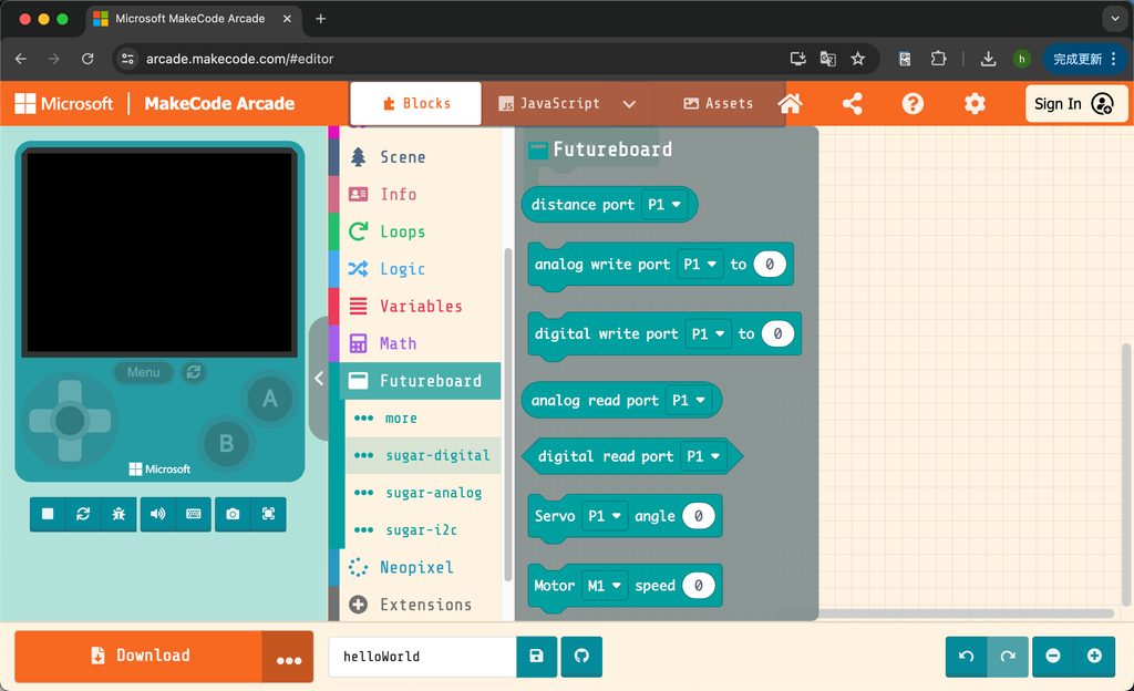 MakeCode Arcade add extension futureboard