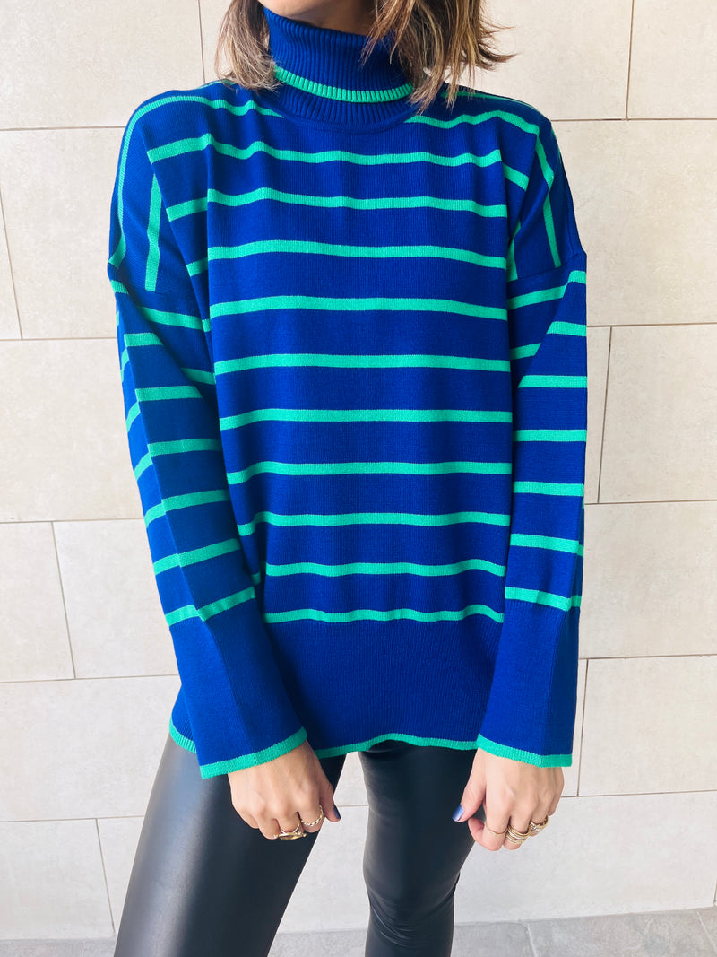 Blue High Neck Candy Cane Sweater