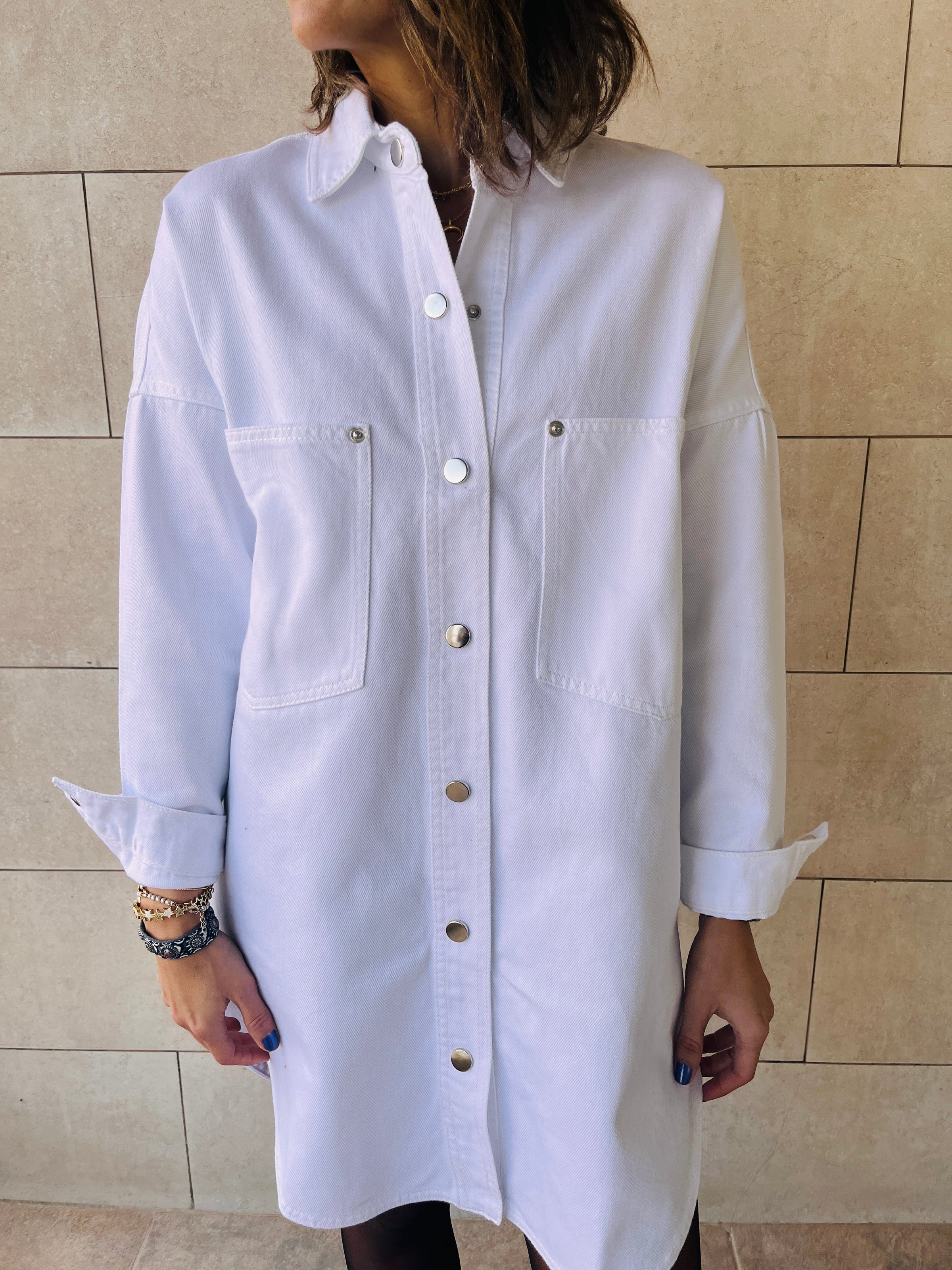 White Denim Shirt Dress Shacket – Frillu
