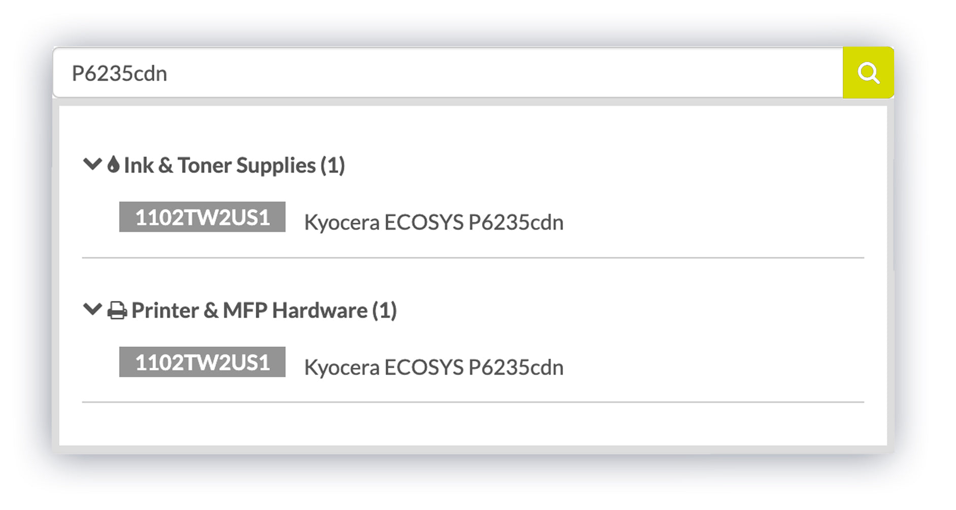 A search bar displaying ink and toner supply results