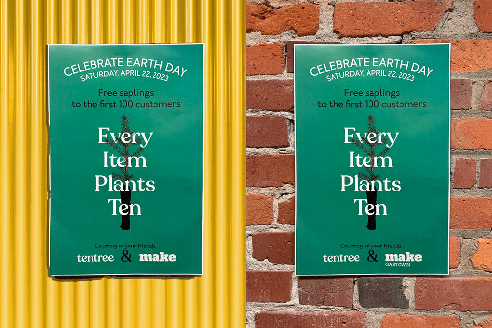 Image shows two posters on different coloured backgrounds announcing the giveaway of live saplings from Tentree