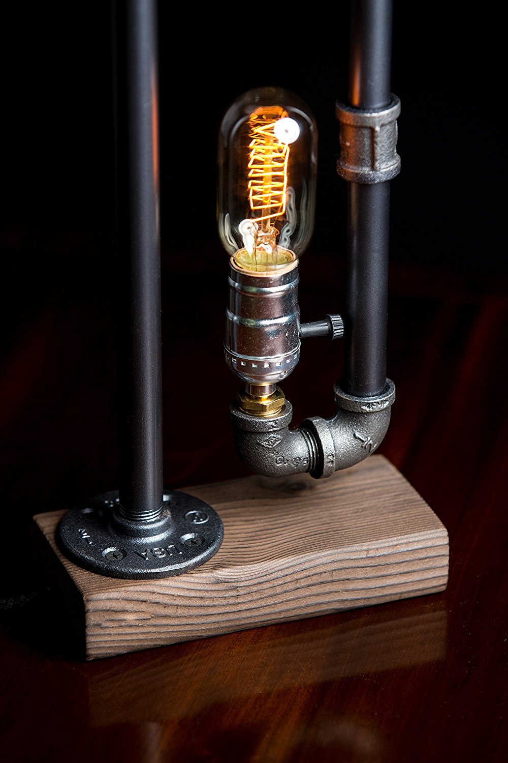 Steampunk Interior Design Nostalgic Wood Base Iron Pipe Desk Lamp