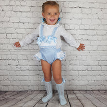 Load image into Gallery viewer, Wee Me Blue Double Bow Romper Set