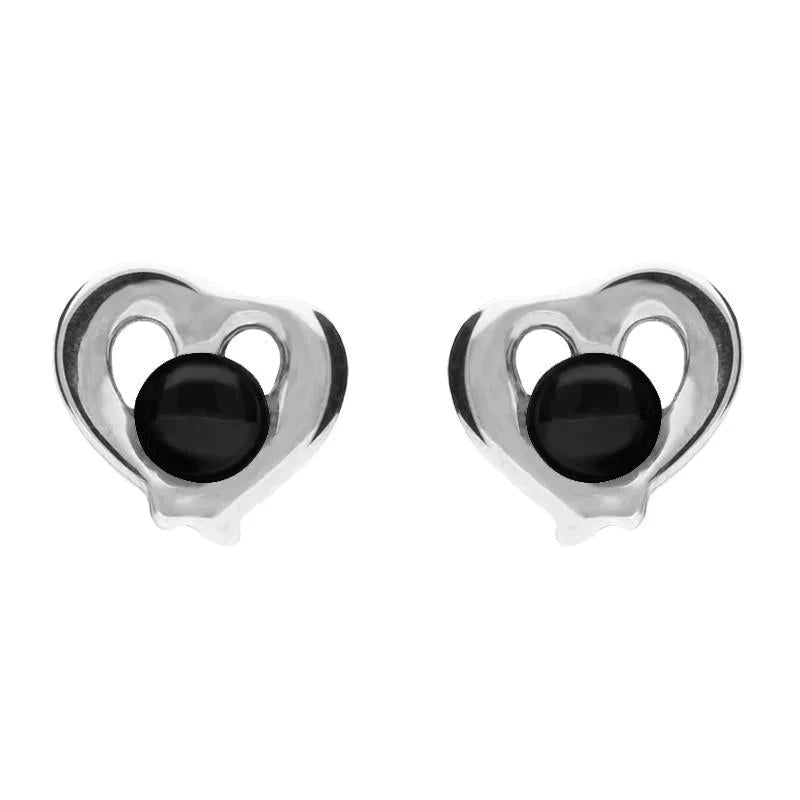 Sterling Silver Whitby Jet Heart Outline Stud Earrings