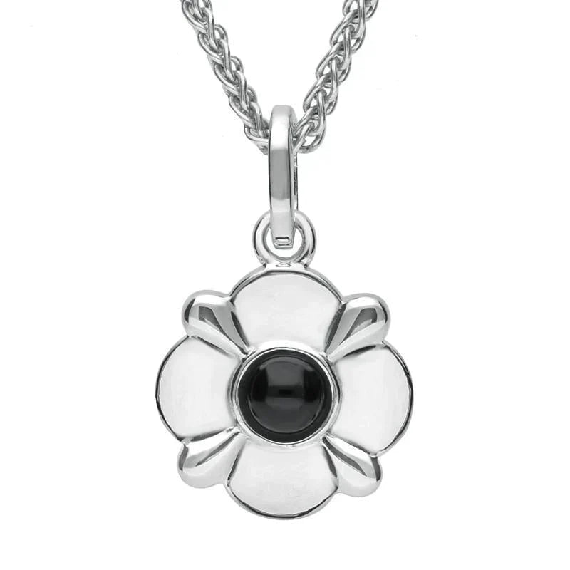 Sterling Silver Whitby Jet Round Four Petal Flower Two Piece Set